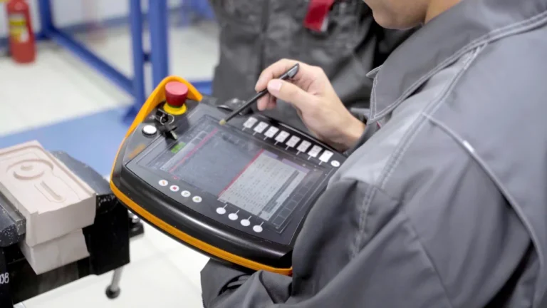 Technician using diagnostic scanner tablet for truck systems and electrical repair