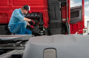 Mechanic inspecting red commercial truck for fleet trailer repair